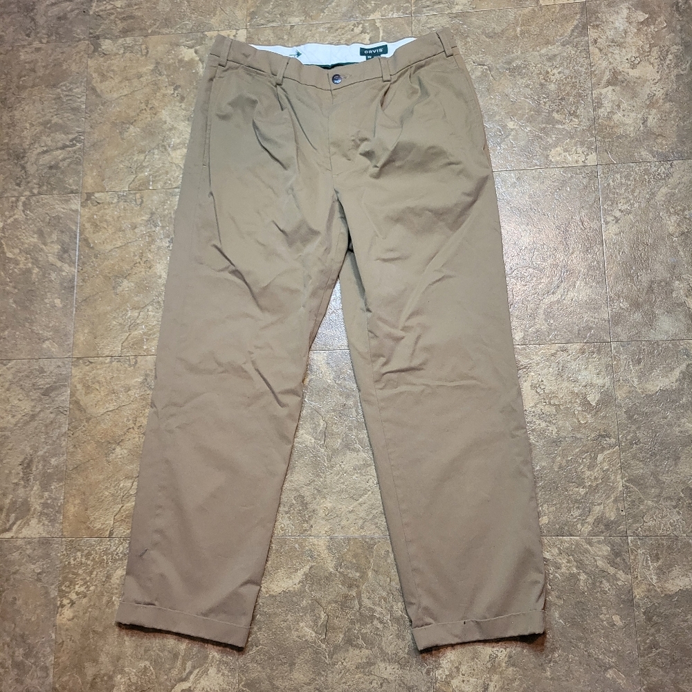 Orvis Chino Pants Mens 36 (34x29) Tan Khaki Straight Leg Pleated Trousers